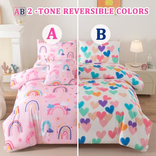 Image of Rainbow Girls Bedding Set Full Size, Love Hearts Pink Rainbow Comforter Set Full Bedding Sets for Girls Kids