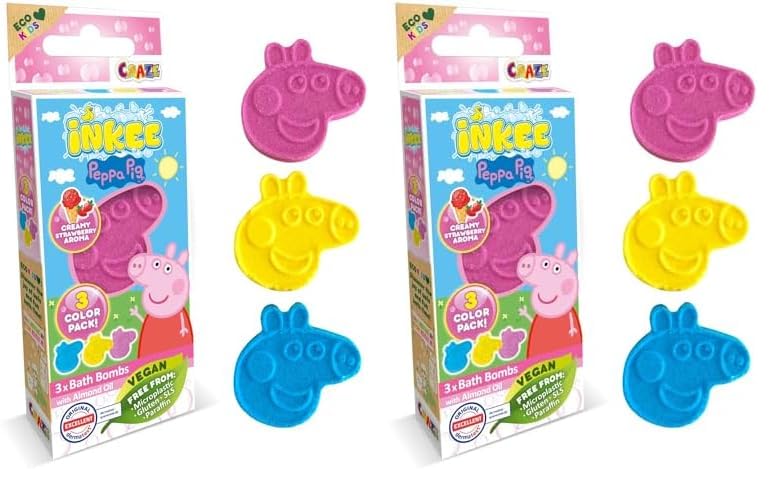 INKEE Mini Pack Peppa Pig, Set De 3 Bombas De Baño Para Niños Con Formas De Sus Personajes De Peppa Pig Y Aroma de Fresa, Diversión Asegurada (Paquete de 2)