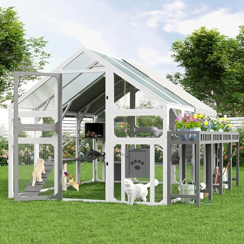 LESUNOME Large Outdoor Cat House, Wooden Cat Enclosure