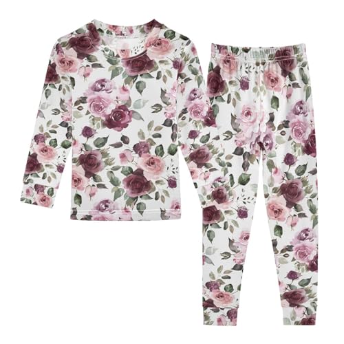 ALAZA Watercolor Rose Flower Leaves Pajamas Long Sleeve Sleepwear 2-Piece Pajama Set