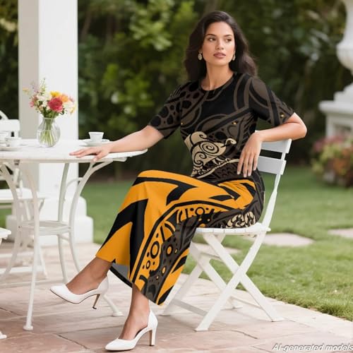 Image of Polynesian Dress for Women Short Sleeve High Waist Maxi Skirt | Puletasi dress, t-shirt and skirt two-piece, elastic material, lightweight, soft, plus size, luau party, wedding, clubwear