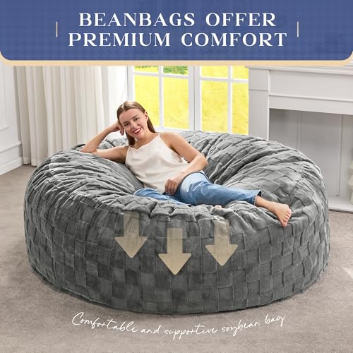 Image of Hobestluk Giant Bean Bag Chairs 6FT Oversized BeanBag Chair for Adult Jumbo | Memory Foam,Washable Cover,Unique Fluffy Plaid,Comfy Bean Bag Bed with Filler Gaming Reading Bedroom Living Room | Grey 6FT