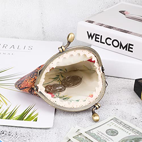 Oyachic Floral Buckle Coin Purses Vintage Pouch Kiss-Lock Change Purse Wallets Pu Wood Grain Key Holder Coin Bag Make Up Bag (Heart) #TOP4