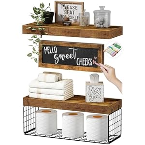 QEEIG Bathroom Shelves Over Toilet - Paper Storage Wall Mounted Farmhouse Decor Decorations Chalkboard Small Floating Wall Shelf 2+1 Set 16 inch, Rustic Brown (021BN) QEEIG Bathroom Shelves Over Toilet Paper Storage Wall Mounted Farmhouse Decor Decorations Chalkboard Small Floating Wall Shelf 21 Set 16 inch Rustic Brown 021BN