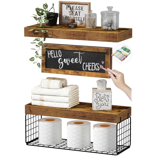 QEEIG Bathroom Shelves Over Toilet Paper Storage Wall Mounted Farmhouse Decor Decorations Chalkboard Small Floating Wall Shelf 21 Set 16 inch Rustic Brown 021BN