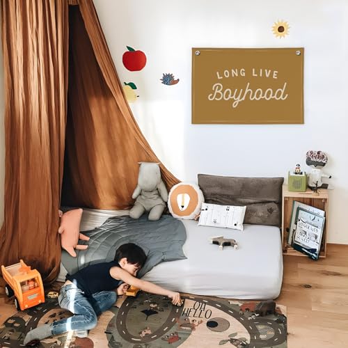 Image of Long Live Boyhood Orange Fall Banner Boy Room Decor,Banner Flag Nursery Playroom Wall Decor for Boys Bedroom Living Room Dorm Toddler Decorations for Kid Banner Wall Hanging Flag Linen Banner 30x20