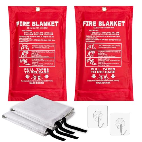 Lot de 2 couvertures anti-feu de cuisine - 1 m x 1 m - Conforme à la norme EN 1869:2019 - Couverture anti-incendie en fibre de verre - Convient pour les feux de graisse dans les cheminées, les