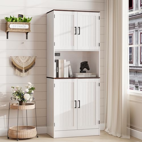 MHOM 71" Tall Pantry Cabinet with Charging Station, Farmhouse Kitchen Hutch with Adjustable Shelves, Modern Kitchen Pantry Storage Cabinet for Dinning Room & Living Room, Antique White