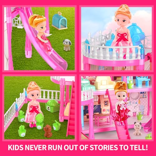 Pupu Pig Doll House Toys for Girls, Dollhouse with Glow in The Dark, Kids Doll House Playset with 4-Story 14 Play Areas, 2 Dolls, Toy Dogs, Dollhouse Accessories and Furniture, Princess Toy Gifts - Thumbnail 4
