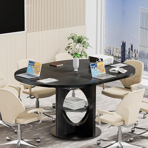 Black Extendable Round Conference Room Table for 4-6, 43-59 Inch Oval Meeting Room Table with Storage, Wooden Circle Desk with Leaf, Space Saving, for Office, Conference Room, Boardroom, Seminar