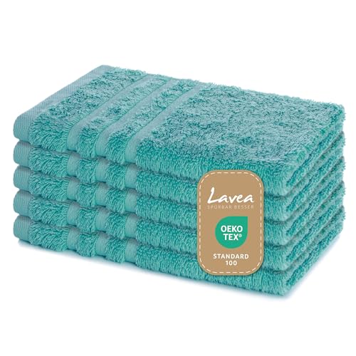 Lavea Set of 5 guest towels 30 x 50 cm, terry towelling series Elena, turquoise