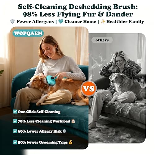 Self Cleaning Slicker Brush for Dog & Cats, Skin Friendly Deshedding Grooming Tool for Shedding Long and Short Haired Pets, Easy Clean Retractable Bristles, Green