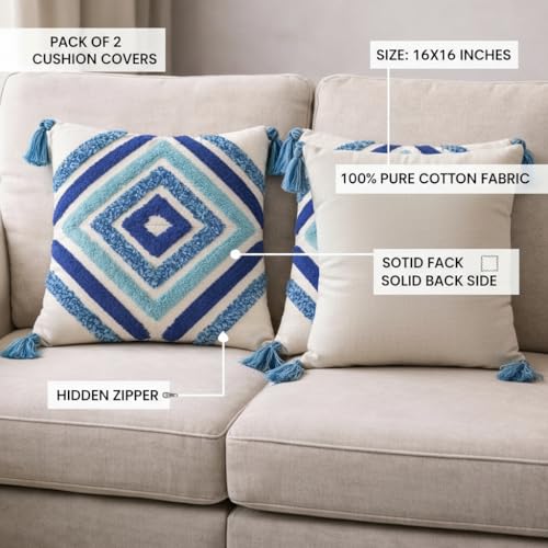 Image of RRC Boho Throw Pillows 16x16 Inch Set of 2 - Soft Mid Century Modern Decorative Pillow Covers, Aesthetic Cushion Cases for Couch, Sofa, Bed & Bedroom Decor (Blue, 16X16(Inches))