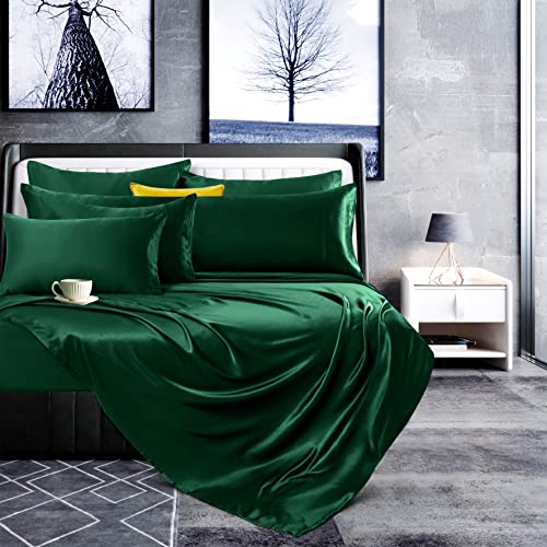 Manyshofu 7Pcs Dark Green Satin Sheets King Size Silky Satin Bed Sheets Set, Luxurious & Soft Satin Bedding Set - 1 Satin Fitted Sheet, 1 Satin Flat Sheet, 4 Satin Pillowcases + 1 Body Pillow Case #TOP1