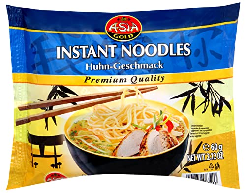 Foto von 24er Mix Set Asia Gold Instant Nudeln I je 6x Rind Huhn Shrimp Ente I 24x60g I Chinesische Nudeln I Asia Nudeln Instant I Ramen Nudeln I Asiatische Nudeln I plus OYOY Metall Essstäbchen