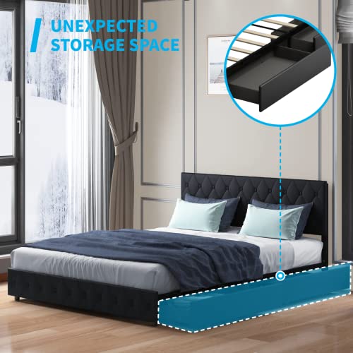 Mjkone Modern Full Size Bed Frame With 4 Storage Drawers, Pu Leather Upholstered Platform Bed Frame With Adjustable Headboard, No Box Spring Needed/Easy Assembly (Black, Full) #TOP2