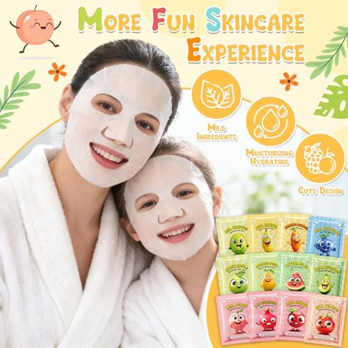 Kids Fruit Face Mask 12 Pack Set- Hydrating Sheet Masks for Kids, Girls & Adults - Birthday Christmas Gift, Spa Party Fun, Moisturizing Skin Care at Home — view 4