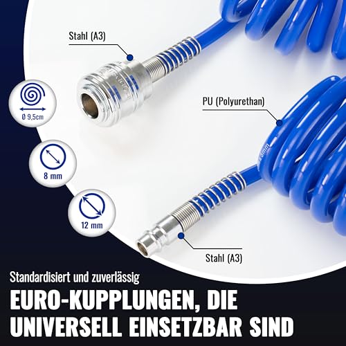 Poppstar Spiral Druckluftschlauch 10m aus PU (5mm x 8mm Durchmesser) Spiralschlauch Druckluft mit Knickschutz und Schnellkupplung NW 7.2