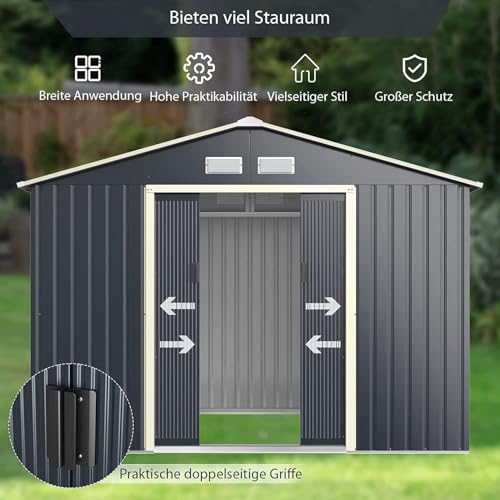 FANTASK 340x255x210 cm Gerätehaus Metall Outdoor, Geräteschuppen abschließbar, Garten Schuppen mit 4 Luftschlitzen & Schiebetür
