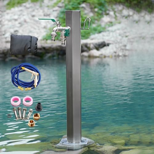 Stainless Steel Outdoor Column Faucet with Retractable Pressure Spray Gun, All-Season Anti-Freeze Design, 86cm (33.8in) Garden Watering Solution