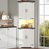 BEWISHOME 67'' Tall Farmhouse Corner Cabinet with LED Light, Storage Cabinet with Barn Doors Design and Adjustable Shelves for Bathroom, Living Room, Kitchen, Laundry Room, White KJG02W