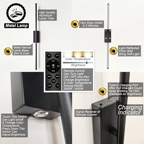 Easy Install Peel and Stick on Battery Operated Wall Sconces Set of 2 Rechargeable, Magnetic Linear Wall Sconce Wireless Long Picture Vanity Wall Light for Living Room Bedroom (2 Pack, 28.3'', Black)