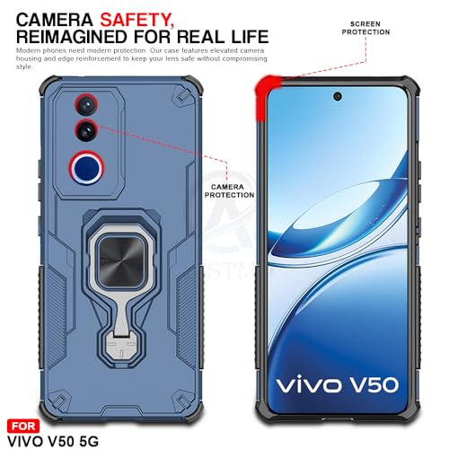 Image of AESTMO Armor Back Cover for Vivo V50 / V50E / T4R / iQOO Z10R 5G | Ring Holder & Kickstand & Camera Protection in-Built | 360 Degree Protection Back Case Cover (Blue)