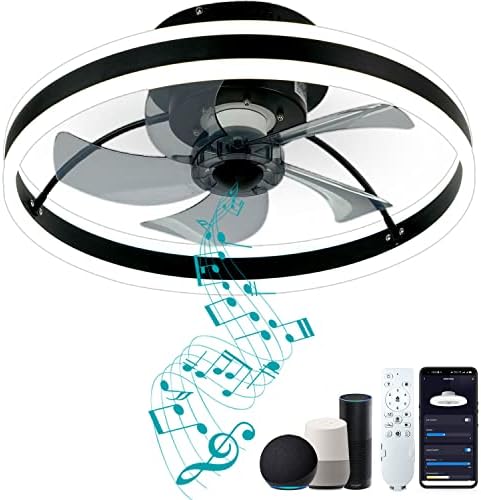 DewShrimp Wifi Low Profile Ceiling Fan Flush Mount Bladeless Ceiling Fan with Remote+App Smart Ceiling Fan with Bluetooth Speaker Compatible with Alexa and Google Assistant 6Speeds Reversible 19.8in