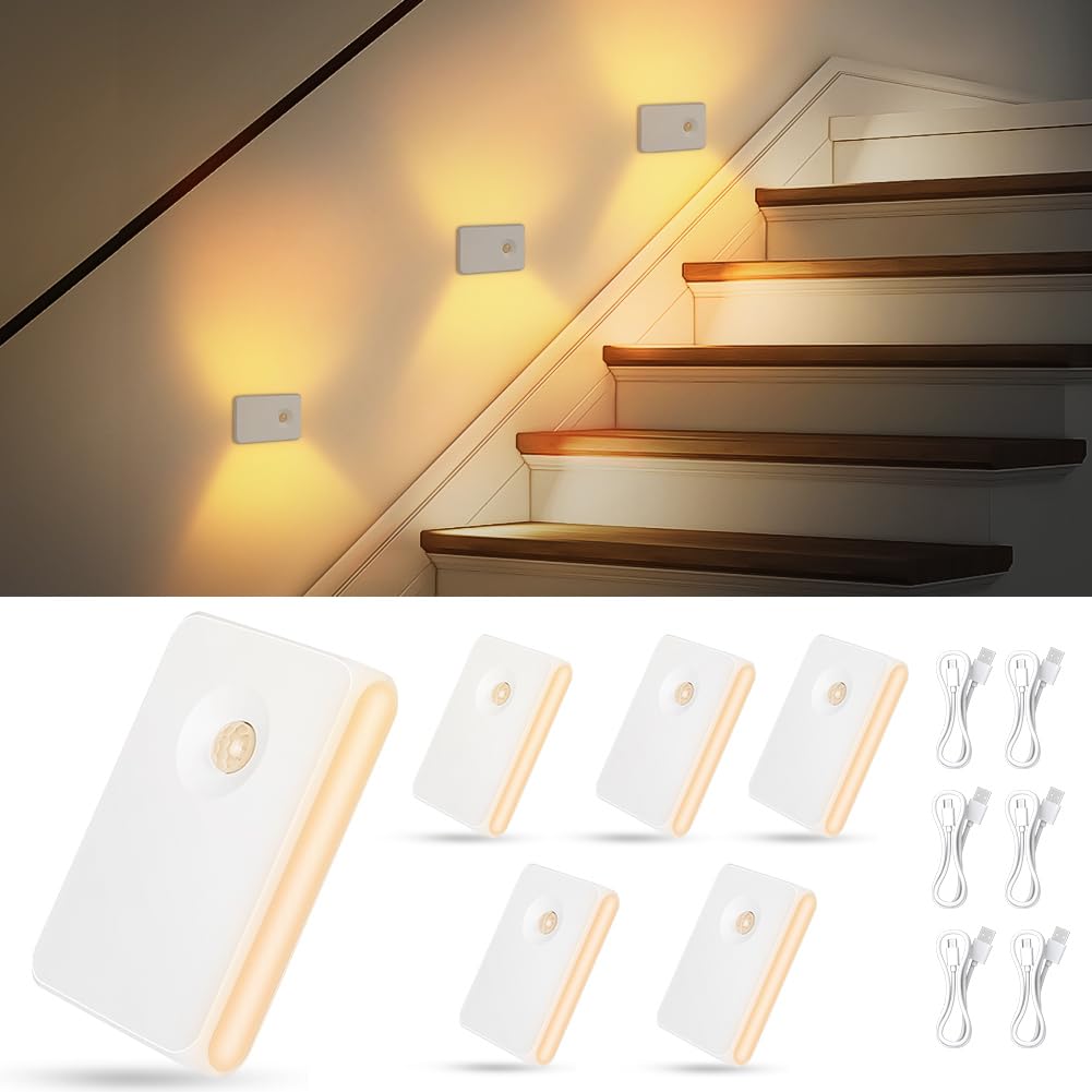 AUAUY 6 Pack Motion Sensor Stair Lights Indoor, USB Rechargeable Stair Lights (Auto/ON/Off), Wireless Night Light with Adjustable Brightness, Magnetic Stick on Light for Wardrobe, Stairs, Hallway