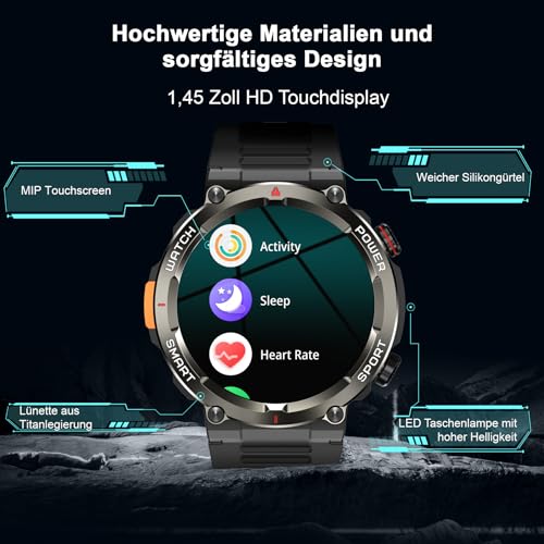 IOWODO Smartwatch Herren | 100 Tage Akku & Beleuchtung | | Bluetooth-Telefonie | IP68 Wasserdicht & Kompass | 1,45" Touchscreen | 100+ Sportmodi | Herzfrequenz & Schlafanalyse | Für Android/iOS – Bild 3