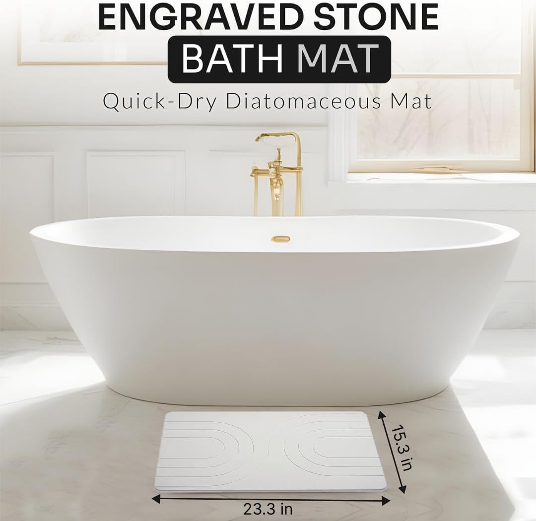 Stone Bath Mat – Quick-Dry Diatomaceous Earth Bathroom Mat, Ultra-Absorbent Non-Slip Bath Stone Mat, Fast Drying & Easy to Clean (White)