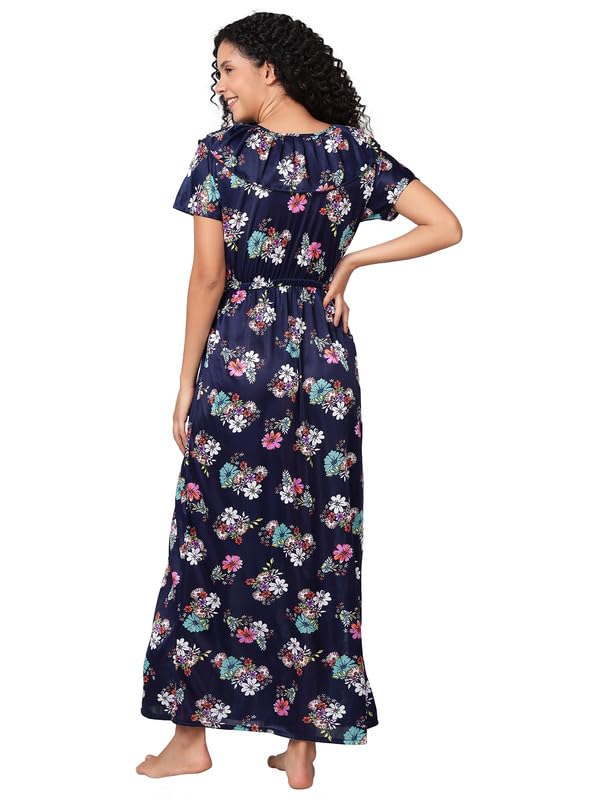 Image of Clovia Women's Satin Printed Long Nighty in Navy Blue