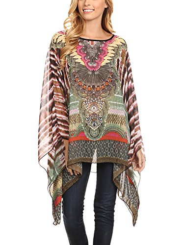 Modern Kiwi Sade Printed Chiffon Caftan Poncho Tunic Olive One Size