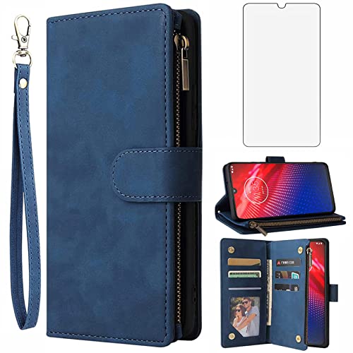 Moto Z4 Play étui portefeuille bleu et protection verre trempé XT1980-4
