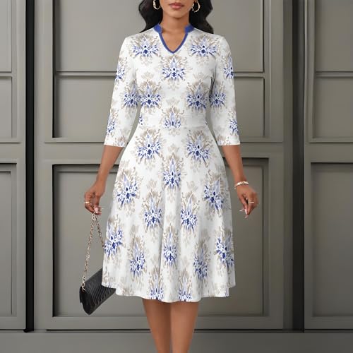Image of PinkPatty Women's Casual A-line Midi Dresses 3 /4 Sleeve V Neck Fit and Flare Dress with Pockets
