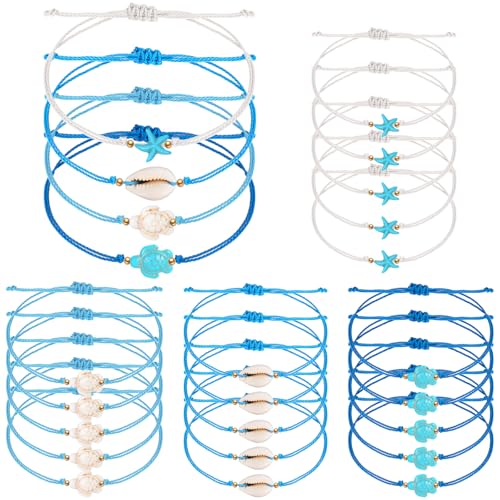 JarThenaAMCS 20Pcs Ocean Coastal String Bracelets Under The Sea Party Favors Starfish Sea Shell Turtle Tortoise Beads Adjustable Braided Bracelet for Women Family Friends Summer Beach Party Supplies