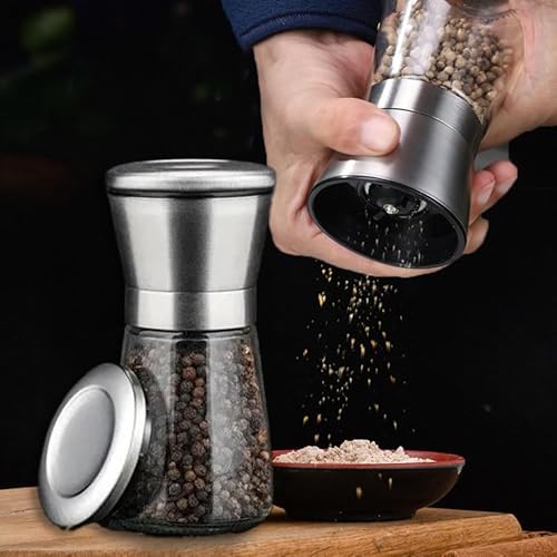 Stainless Steel Salt and Pepper Grinder-Adjustable Coarseness of Pepper Salt Spice Stainless Steel Mills Glass 6oz