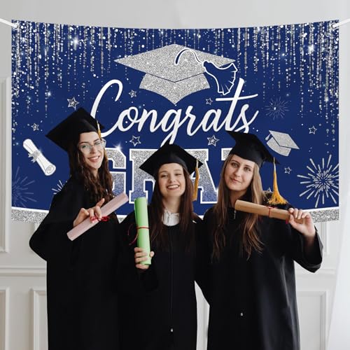 MEHOFOND Congrats Grad Banner Class of 2026 Graduation Party Decoration Blue Silver Graduation Backdrop Photo Booth Background for Prom Ceremony Senior Graduate Celebration 6x3.6 ft by MEHOFOND - Used condition - Image 5