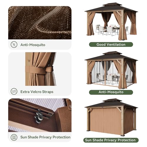 Image of Aoxun 10' x 12' Outdoor Wood Gazebo with Double Polycarbonate Top, Hardtop Gazebo Permanent Wooden Pavilion with 20 inch Ceiling Fan with Light, Netting and Curtain for Patio, Garden, Cedar Wood Box of 3