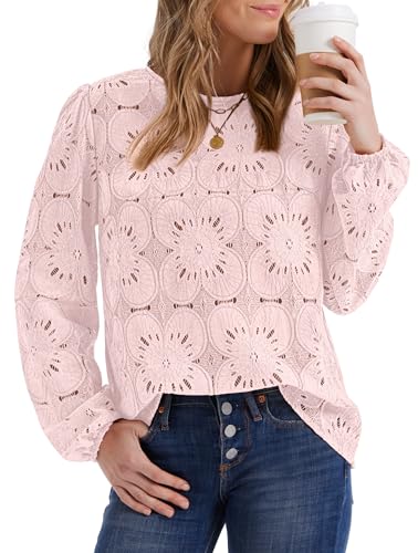 Image of OFEEFAN Blouses for Women Dressy Casual Spring Tops 2026 Summer Outfits Flower Lace Crochet Long Sleeve Shirts
