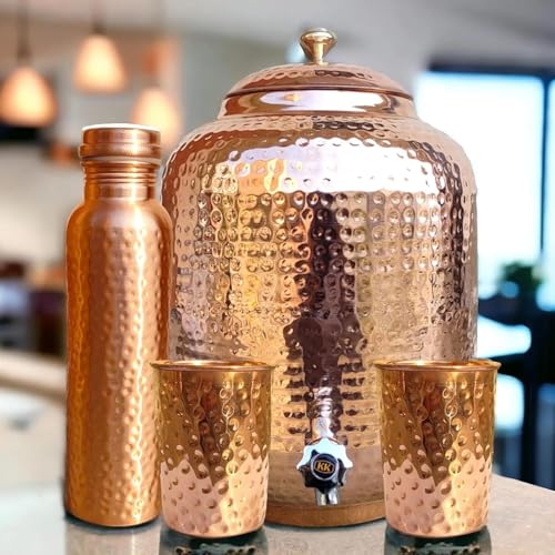 Ayurveda 100% Pure Copper Hammered Dispenser Water Pitcher, Container, Pot 8 Liter with 2 Tumbler & 1 Bottle Set