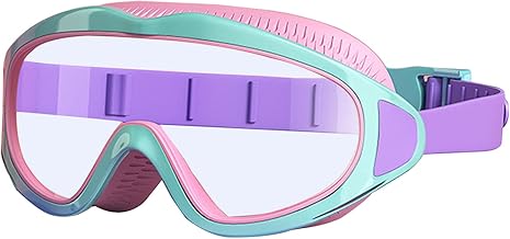 Kids Swimming Goggles - Swimming Goggles Kids Boys Girls 4-12 Years, Large Lens Anti Fog Watertight Comfortable Swim Goggles for Kids Children (Pink & Green, Transparent)