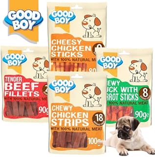 Pulla Dog Treat Good Boy 4 Pack Variety, Chewy Chicken Strips, Beef Fillet, Cheesy Sticks, Chicken & Sweet Potato.
