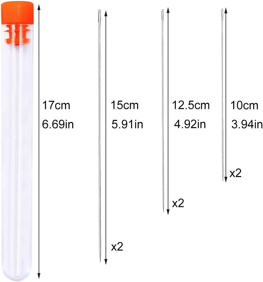 6 PCS Long Sewing Needles - 3 Size Large Eye Stitching Needles with Needle Storage Tube, 3.9inch to 5.9inch Hand Sewing Needles for Sewing Act Crafts, Upholster