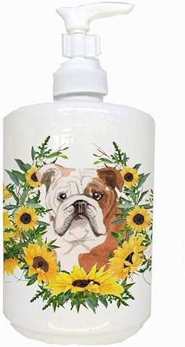 Caroline's Treasures CK2941SOAP Bulldog Inglés en Girasoles Dispensador de Jabón de Cerámica Dispensador de Jabón de Manos Botellas de Bomba para