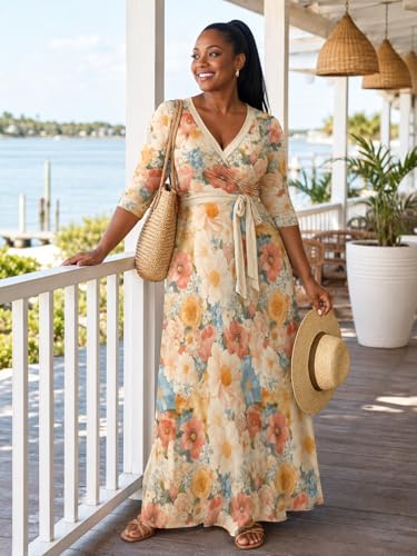 Image of PinkPatty Plus Size Maxi Dresses for Women Casual Flowy Long Dress 3 /4 Sleeve V Neck Wrap Dress with Belt