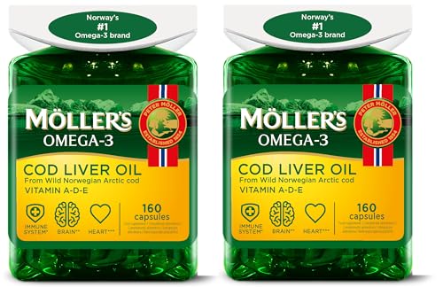 Moller’s ® | Lebertran Kapseln | Omega-3-Fettsäuren DHA & EPA, Enthält Vitamin A, D & E, Unterstützt Immunsystem, Herzfunktion, Gehirnfunktion & Sehkraft | 320 Stück