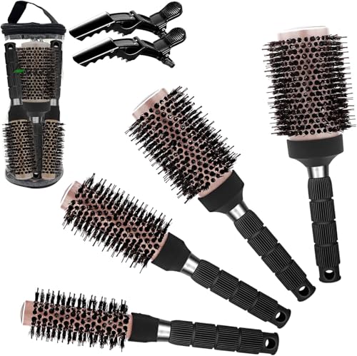 Round Brush Set for Blow Drying, Wild Boar Bristles Hairdressing Round Brushes Set for Wavy and Smooth Hair Styling, Antistatic Pottery Ion Brush Set for Women, Hair Brush Set (4 pcs)