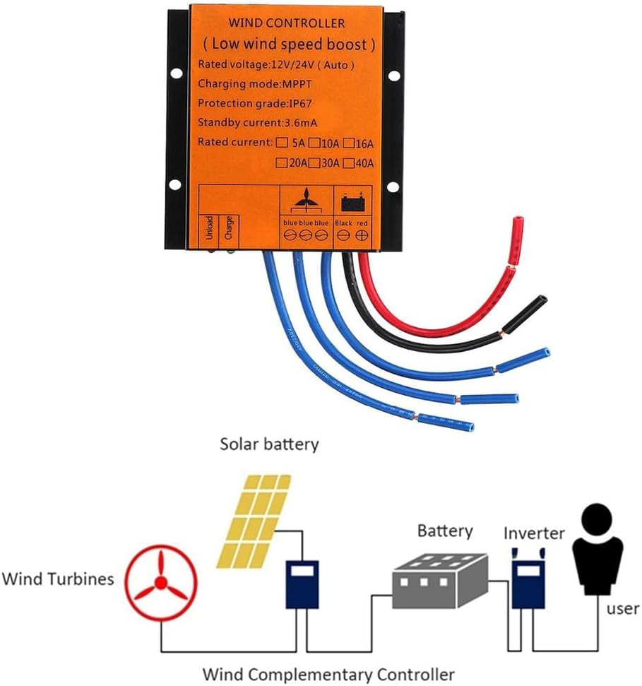 1200W-4800W DC 12V/24V AUTO Wind Turbines Generator Charge Controller, Waterproof Battery Charge Controller Regulator for Solar Street Lamp Courtyard Lamp,24V