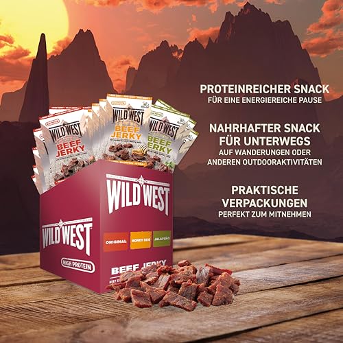 Wild West Beef Jerky, Mix Box 60g, 12er Pack mit 4x Original, 4x Honey BBQ, 4x Jalapeno, Rinderdörrfleisch, Beef Jerky high Protein Trockenfleisch, Protein Snack